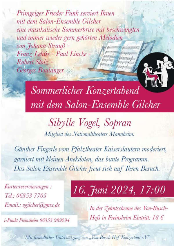 Sommerlicher Konzertabend mit dem Salon-Ensemble Gilcher am 16. Juni 2024 in Freinsheim