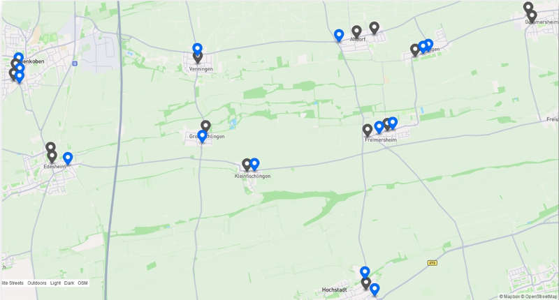 Das Bediengebiet der VRNflexline im Gäu. Bedient werden sowohl reguläre Bushaltestellen (hier grau markiert) als auch zusätzliche Haltepunkte, sogenannte virtuelle Haltestellen (hier blau markiert). (Grafik: VRN)