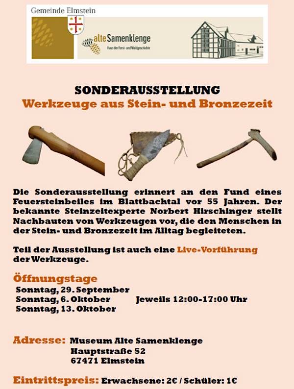 „Werkzeuge aus der Stein- und Bronzezeit“ - Sonderausstellung im September und Oktober 2024 in der Elmsteiner Samenklenge