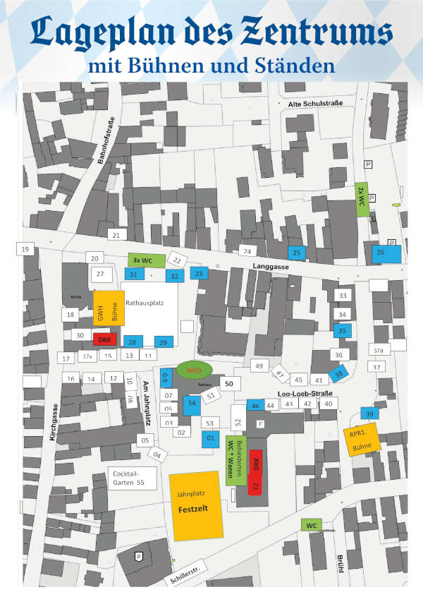 Lageplan des Zentrums mit Bühnen und Ständen (Quelle: Gemeindeverwaltung Haßloch)