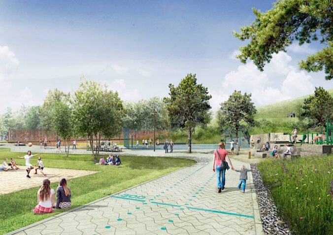 Visualisierung der geplanten Sportlandschaft auf dem Gelände der Landesgartenschau 2027 Neustadt an der Weinstraße mit Blick auf den Panoramaberg. (Foto: Atelier Loidl, Berlin)