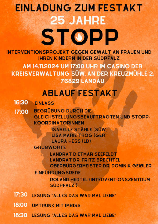 25 Jahre Interventionsnetzwerk „STOPP“ – Gemeinsam gegen häusliche Gewalt: Jubiläumsveranstaltung am 14. November 2024 in Landau