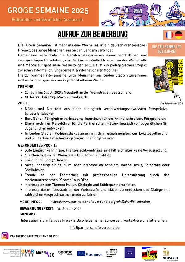 Große Semaine 2025: alternativer Reiseführer für die Partnerstädte Neustadt an der Weinstraße und Mâcon - Aufruf zur Bewerbung