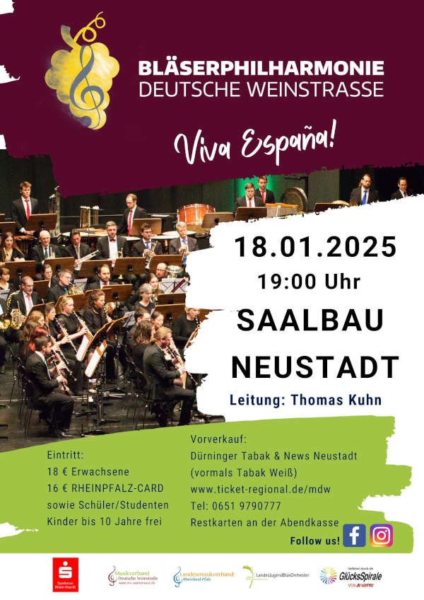 ¡Viva España! – die Bläserphilharmonie Deutsche Weinstraße (BDW) am 18. Januar 2025 um 19 Uhr im Saalbau, Neustadt an der Weinstraße