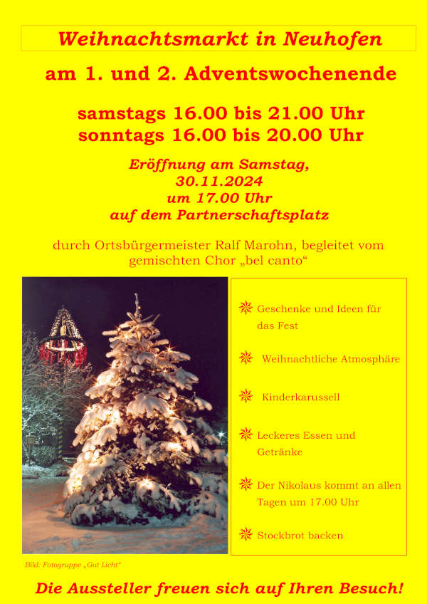 Weihnachtsmarkt in Neuhofen am 1. und 2. Adventswochenende 2024