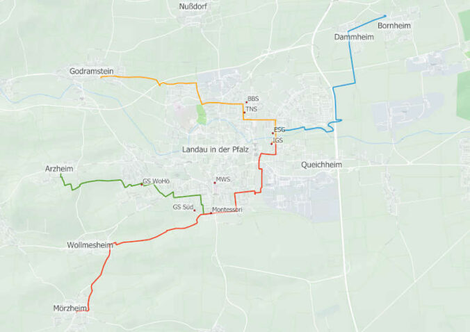 Entlang dieser Routen können Schülerinnen und Schüler beim Bicibus ein- und aussteigen. (Quelle: Stadt Landau)