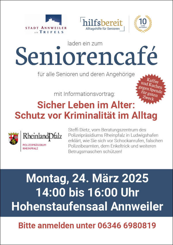 "Sicher Leben im Alter: Schutz vor Kriminalität" – Kostenfreies Seniorencafé im Mai 2025 in Annweiler